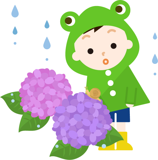 カエルの雨合羽を着た男の子と紫陽花のイラスト 無料イラスト素材のillalet