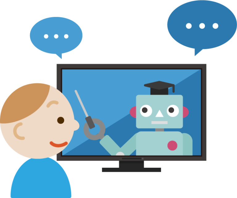 男性とPCの液晶に映るAIロボットのイラスト2 | 無料イラスト素材のillalet