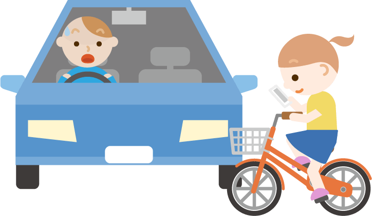 スマホを見ながら自転車を運転する女の子と車のイラスト 無料