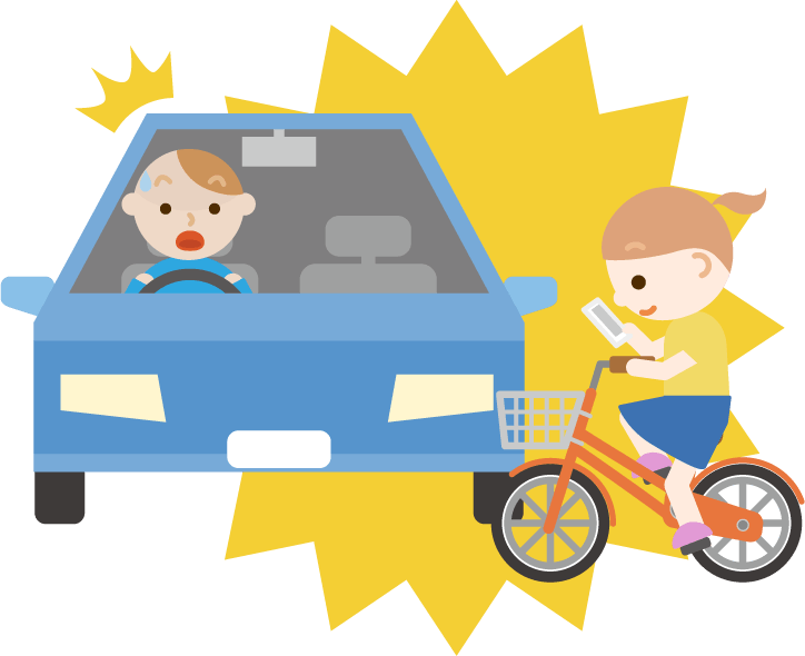 スマホを見ながら自転車を運転する女の子と車のイラスト2 無料