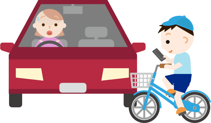 スマホを見ながら自転車を運転する男の子と車のイラスト 無料イラスト素材のillalet