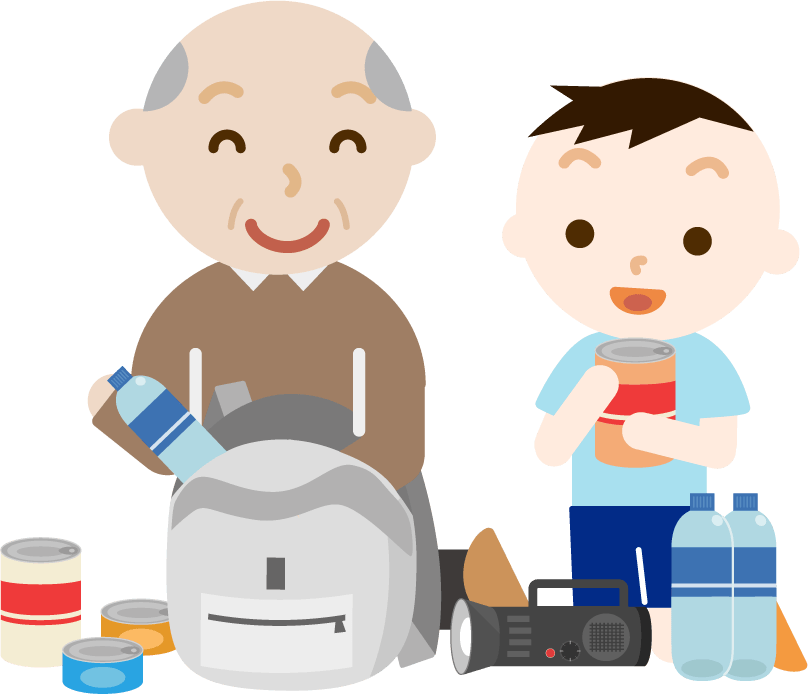 避難グッズを準備するおじいちゃんと男の子のイラスト 無料イラスト素材のillalet