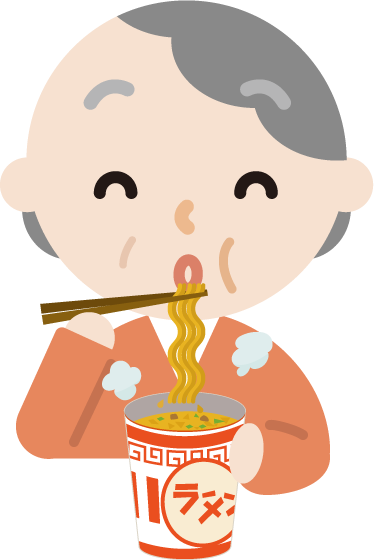 カップ麺を食べる高齢者の女性のイラスト（笑顔）
