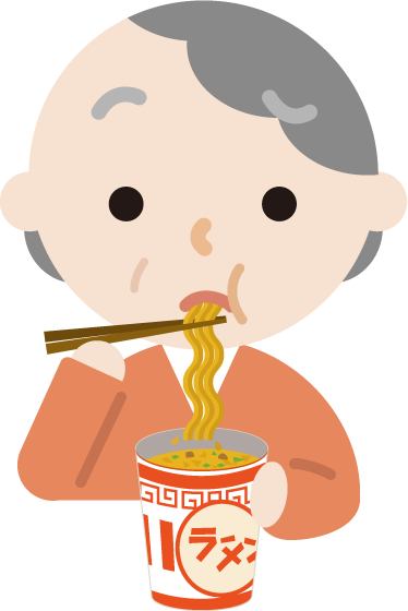 カップ麺を食べる高齢者の女性のイラスト（まずい）