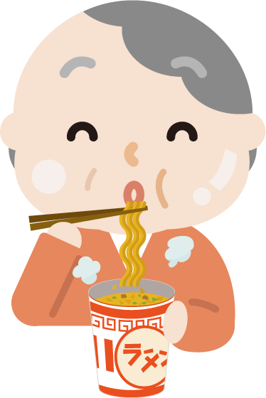 カップ麺を食べる高齢者の女性のイラスト（太る）