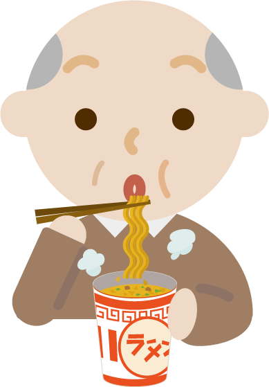 カップ麺を食べる高齢者の男性のイラスト