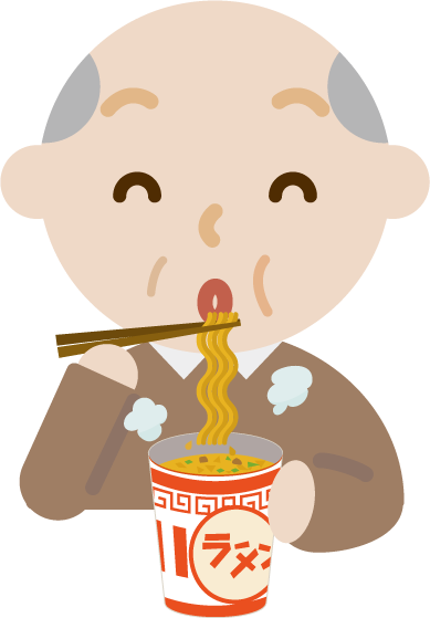 カップ麺を食べる高齢者の男性のイラスト（笑顔）