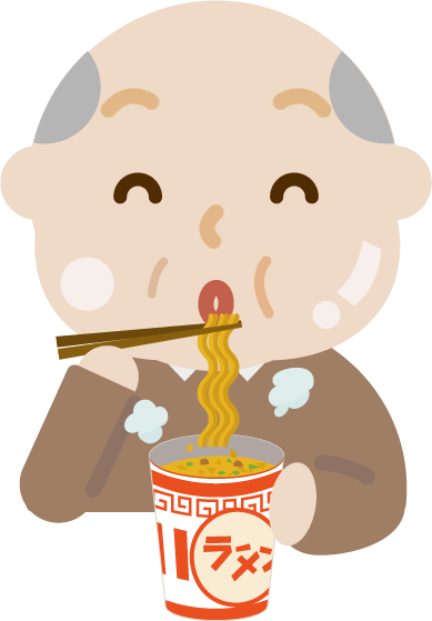 カップ麺を食べる高齢者の男性のイラスト（太る）