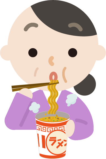カップ麺を食べる中年の女性のイラスト