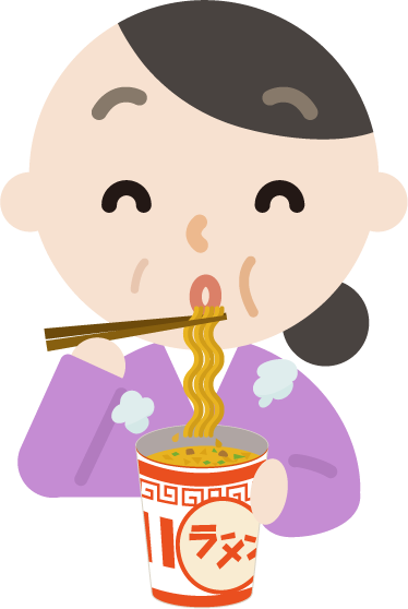 カップ麺を食べる中年の女性のイラスト（笑顔）