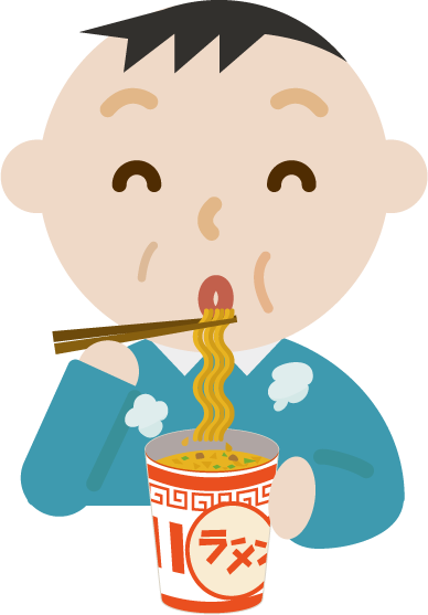カップ麺を食べる中年の男性のイラスト（笑顔）