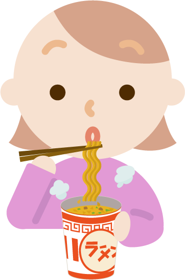 カップ麺を食べる若い女性のイラスト