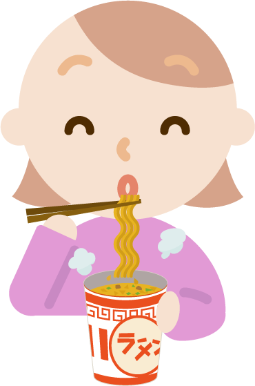 カップ麺を食べる若い女性のイラスト（笑顔）