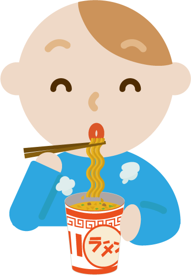 カップ麺を食べる若い男性のイラスト（笑顔）