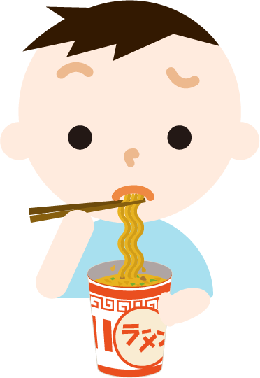 カップ麺を食べる男の子のイラスト（まずい）