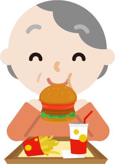 ハンバーガーを食べる高齢者の女性のイラスト（笑顔）
