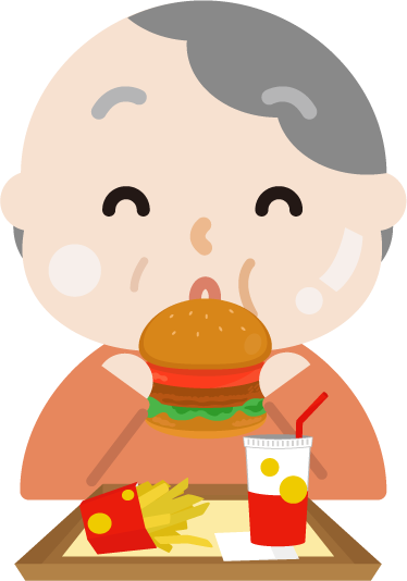 ハンバーガーを食べる高齢者の女性のイラスト 太る 無料イラスト