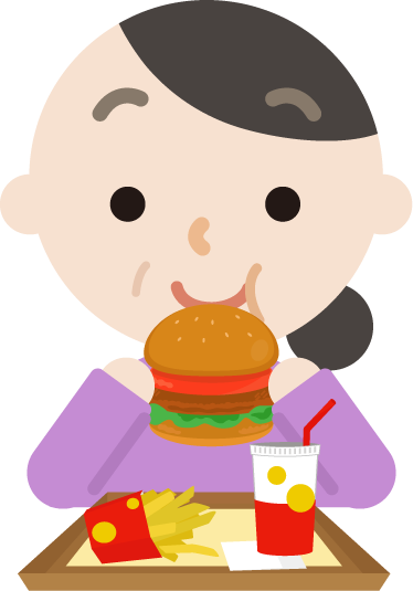 ハンバーガーを食べる中年の女性のイラスト 笑顔 無料イラスト素材のillalet