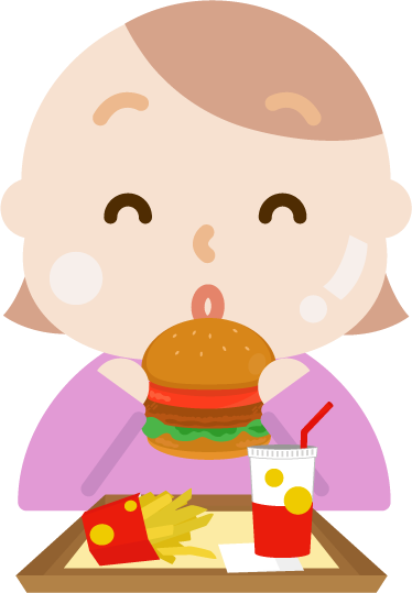 ハンバーガーを食べる若い女性のイラスト（太る）