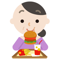 ハンバーガーを食べる中年の女性のイラスト 笑顔 無料イラスト素材のillalet