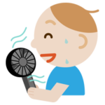 ハンディ扇風機で涼む若い男性のイラスト