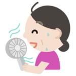 ハンディ扇風機で涼む中年の女性のイラスト