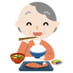 高齢者の女性が焼き鮭定食を食べるイラスト2