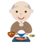 高齢者の男性が焼き鮭定食を食べるイラスト1