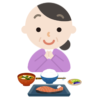中年の女性が焼き鮭定食を食べるイラスト1
