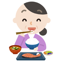中年の女性が焼き鮭定食を食べるイラスト2