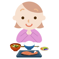 若い女性が焼き鮭定食を食べるイラスト1