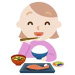 若い女性がが焼き鮭定食を食べるイラスト2
