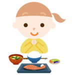 女の子が焼き鮭定食を食べるイラスト1