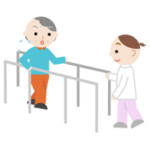 平行棒で歩行のリハビリをする高齢者の女性と作業療法士のイラスト
