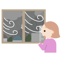 窓から台風、暴風雨を見る若い女性のイラスト