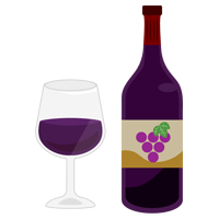 グラスワインとワインボトルのイラスト（赤）