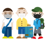 マスクをつけて旅行をする若い男性3人のイラスト
