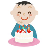 誕生日のケーキを喜ぶ中年男性のイラスト