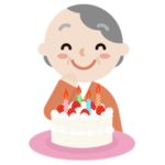 誕生日のケーキを喜ぶ高齢者の女性のイラスト