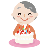 誕生日のケーキを喜ぶ高齢者の女性のイラスト