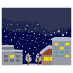 雪が降っている夜町の風景のイラスト