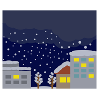 雪が降っている夜町の風景のイラスト
