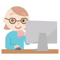 PCメガネを着けてデスクトップPCで作業する若い女性のイラスト