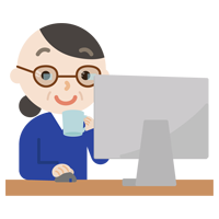 PCメガネを着けてデスクトップPCで作業する中年女性のイラスト