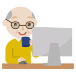 PCメガネを着けてデスクトップPCで作業する高齢者の男性のイラスト