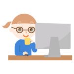 PCメガネを着けてデスクトップPCで作業する女の子のイラスト