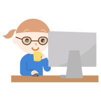 PCメガネを着けてデスクトップPCで作業する女の子のイラスト