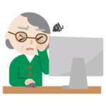 デスクトップPCで作業中に目をこする高齢者の女性のイラスト