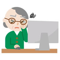デスクトップPCで作業中に目をこする高齢者の女性のイラスト