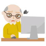 デスクトップPCで作業中に目をこする高齢者の男性のイラスト